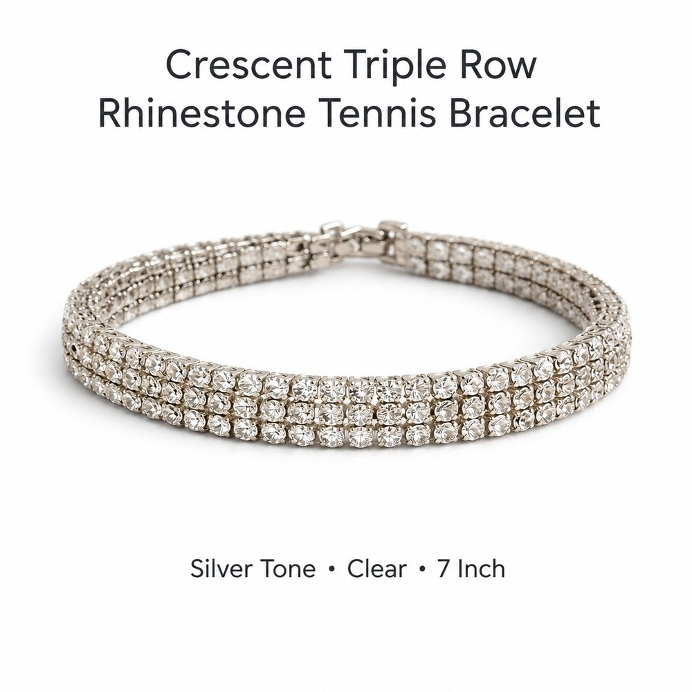 Crescent Triple Row Rhinestone Tennis Bracelet Silver Tone Clear 7 Inch‎ Formal